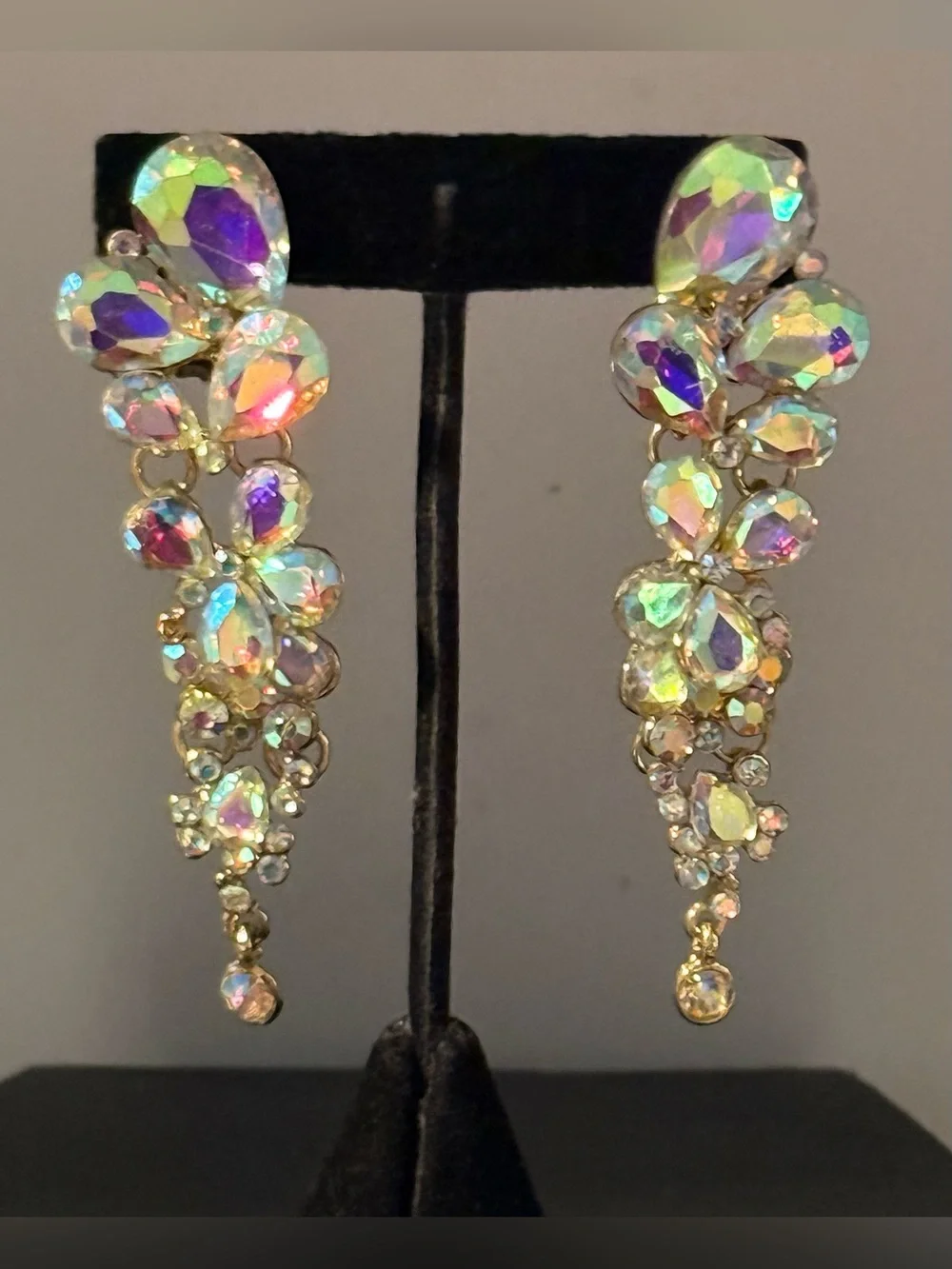 Aurora Crystal Cascade Statement Drop Clip Earrings Iridescent